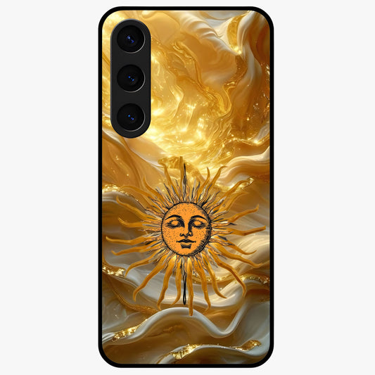 Eternal Golden Glow Glass Case showing flat back view with radiant golden themed artwork and glossy glass finish.