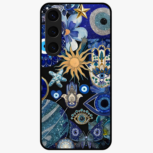 Evil Eye Charm Mix Glass Case showing flat back view with multiple evil eye charms artwork and glossy glass finish.