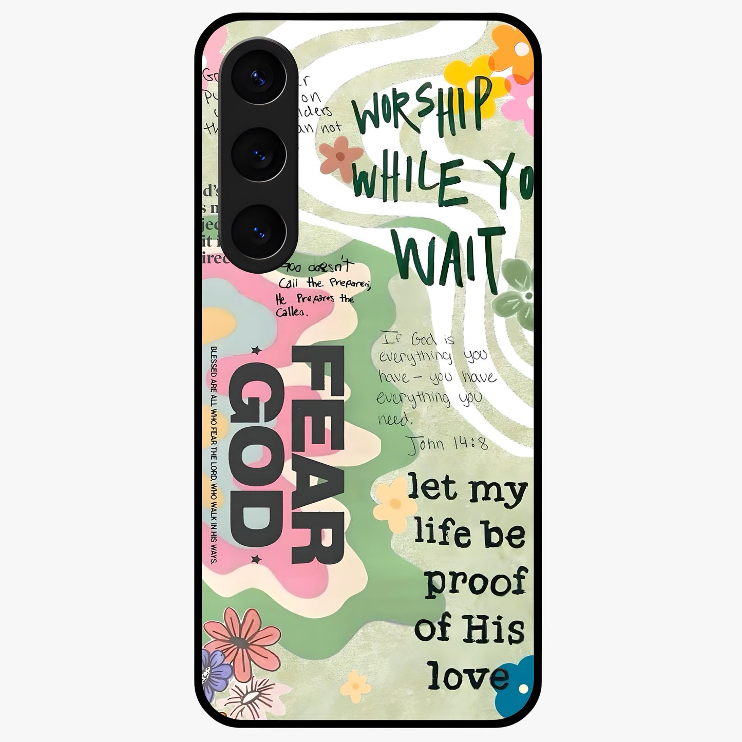 Faith Over Fear Glass Case showing flat back view with motivational typography artwork and glossy glass finish.