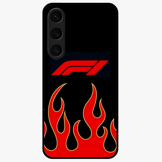 Fire F11 Glass Case showing flat back view with fiery themed artwork and glossy glass finish.