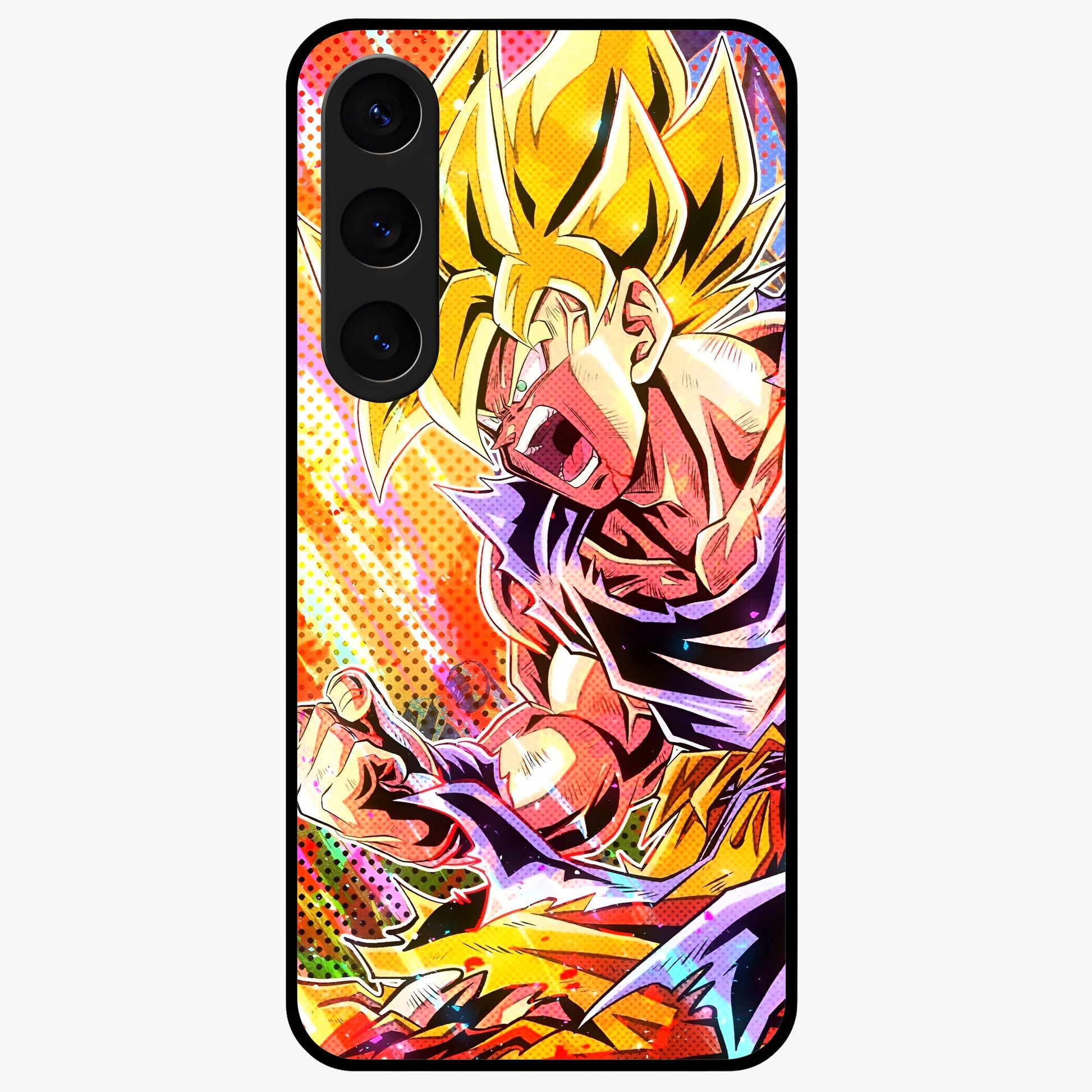 Firing Goku Glass Case showing flat back view with powerful anime inspired artwork and glossy glass finish.