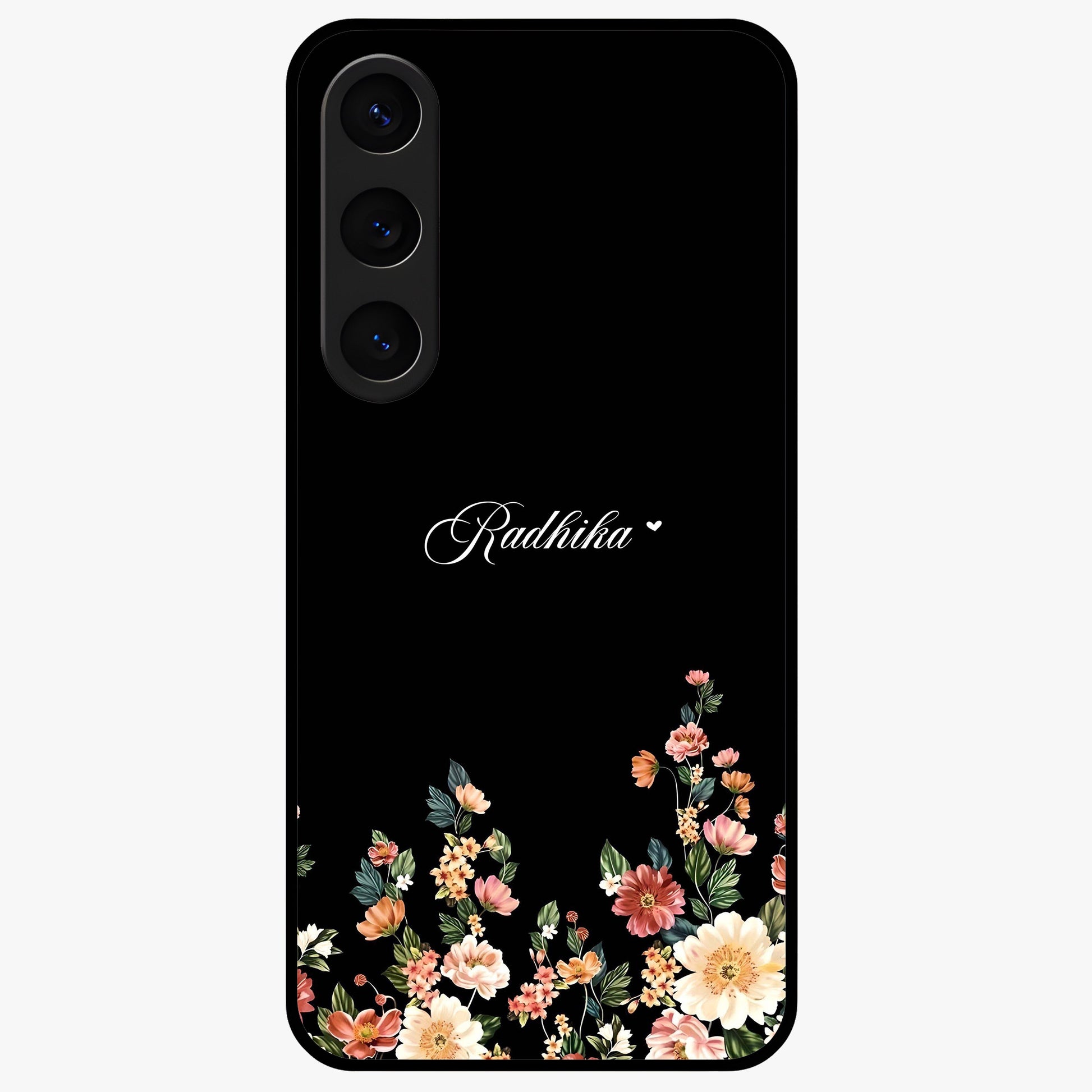 Floral Design With a Custom Personalized Name Glass Case showing flat back view with floral artwork and personalized name design.