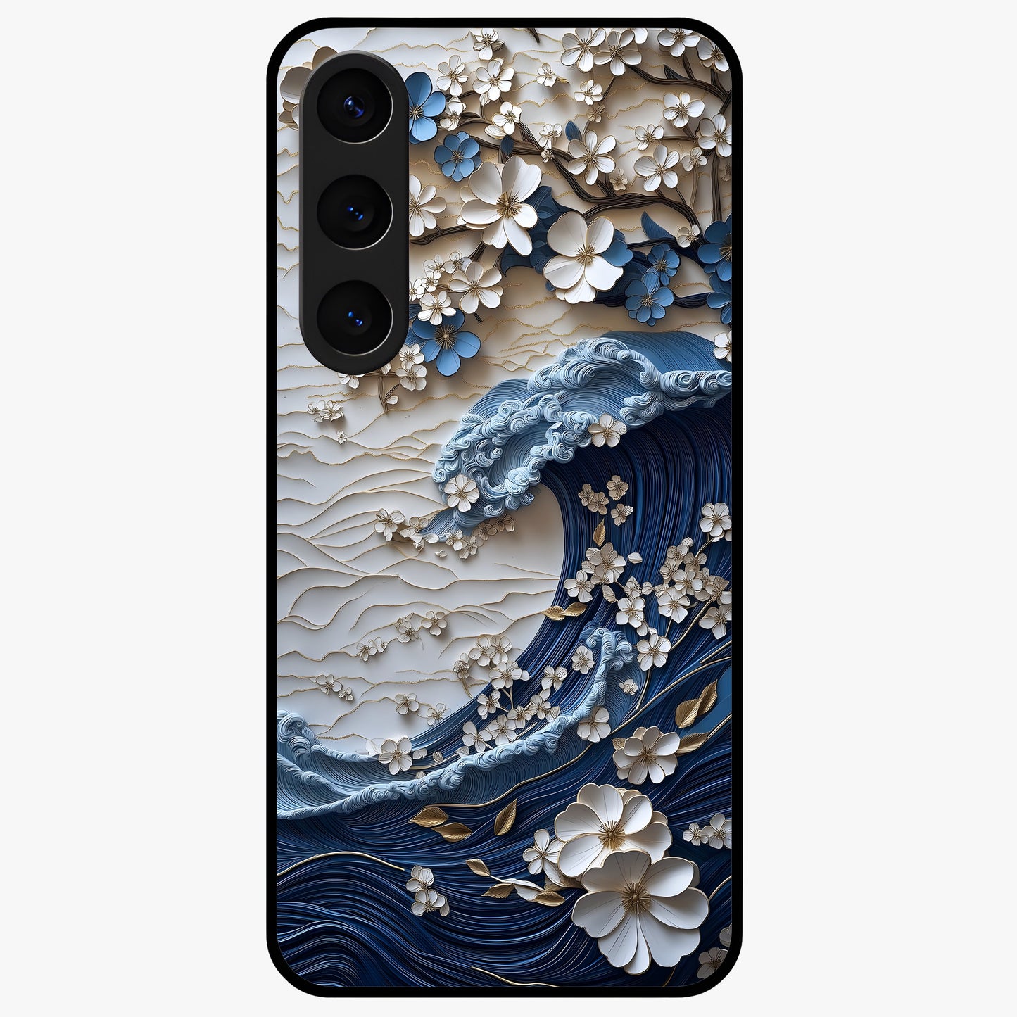 Floral Wave Origami Glass Case showing flat back view with origami inspired floral wave artwork and glossy glass finish.