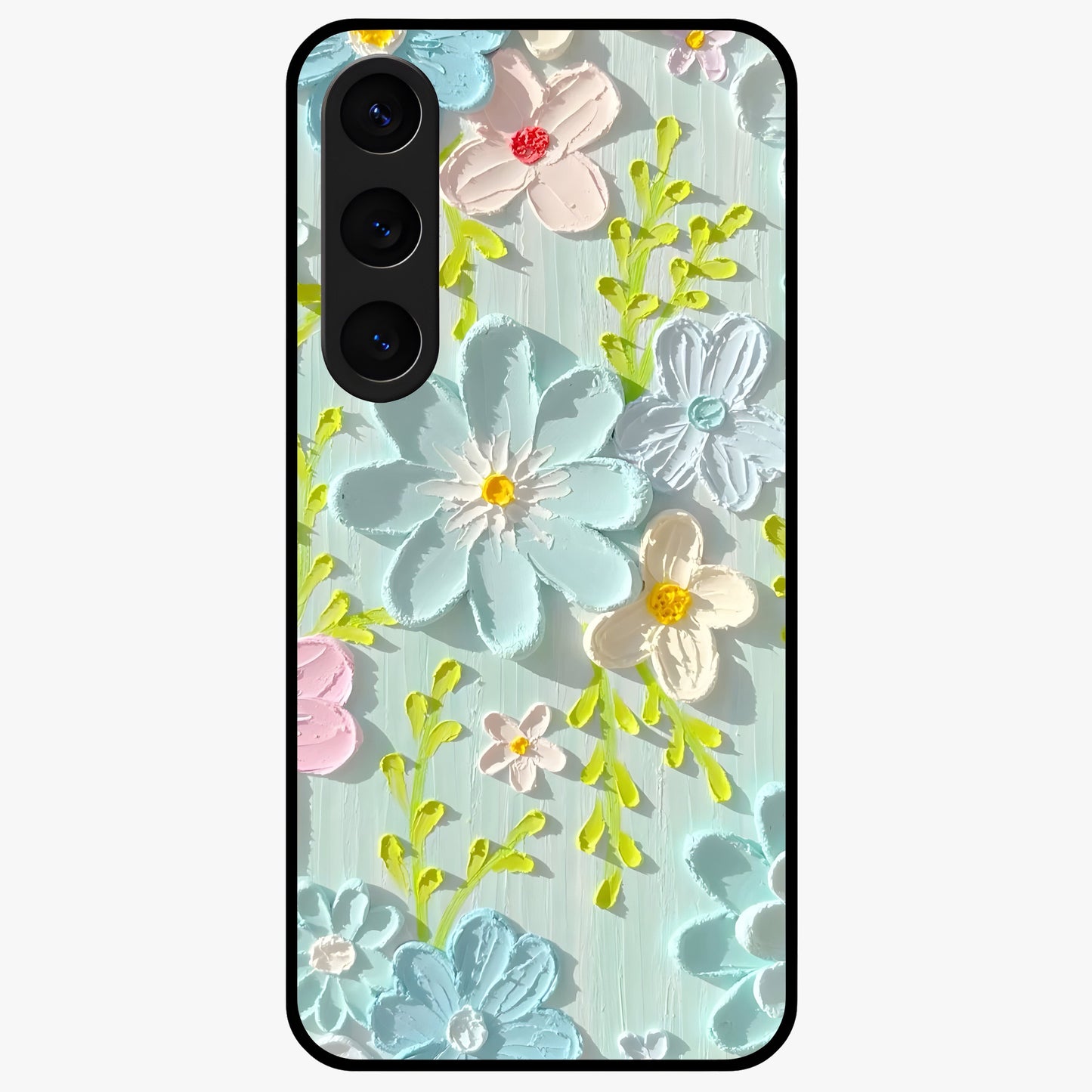 Frosted Petal Garden Glass Case showing flat back view with soft frosted floral artwork and glossy glass finish.