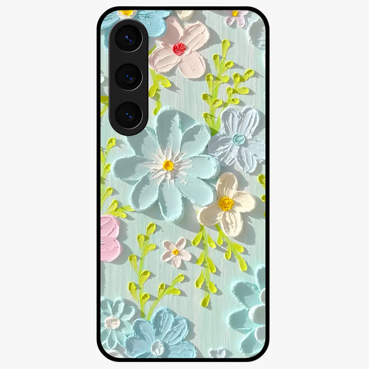 Frosted Petal Garden Glass Case showing flat back view with soft frosted floral artwork and glossy glass finish.