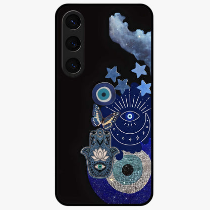 Galactic Charm Cluster Glass Case showing flat back view with glowing celestial charm artwork and glossy glass finish.