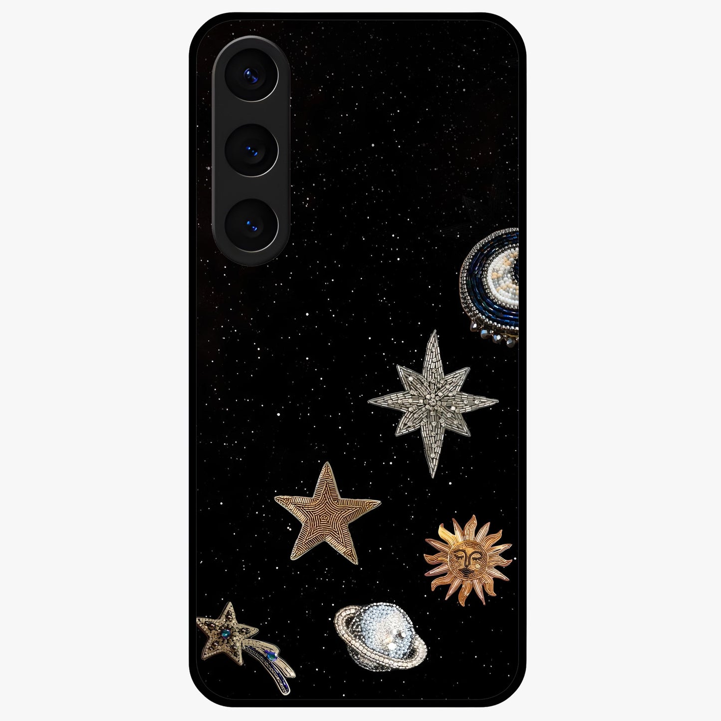 Galactic Charm Glow Glass Case showing flat back view with glowing celestial charm artwork and glossy glass finish.
