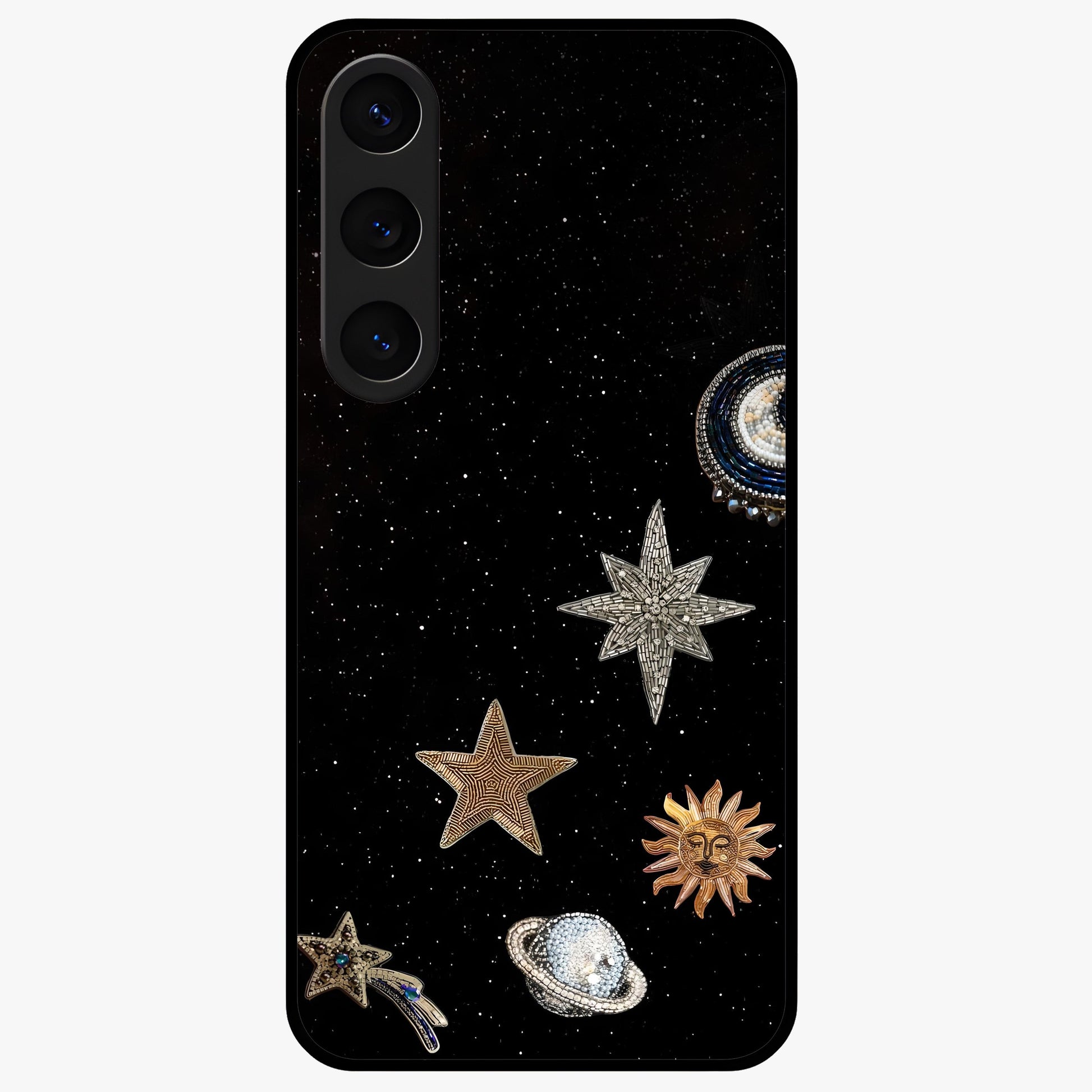 Galactic Charm Glow Glass Case showing flat back view with glowing celestial charm artwork and glossy glass finish.