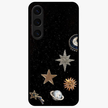 Galactic Charm Glow Glass Case showing flat back view with glowing celestial charm artwork and glossy glass finish.