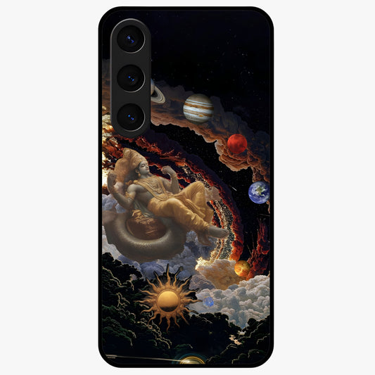 Galactic Divine God Glass Case showing flat back view with divine cosmic themed artwork and glossy glass finish.
