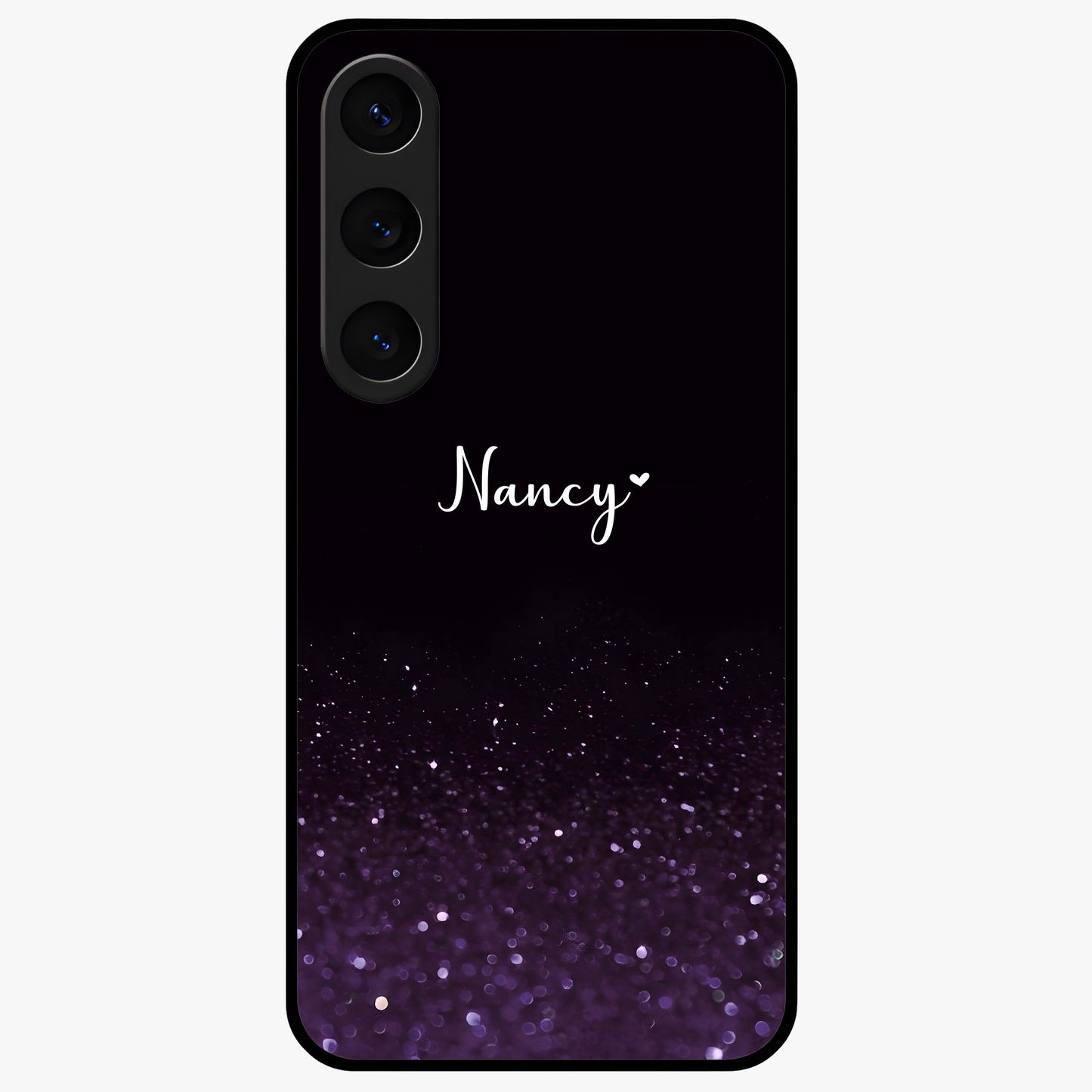 Glittery Purple Bokeh Custom Name Glass Case showing flat back view with purple bokeh sparkle artwork and personalized name design.