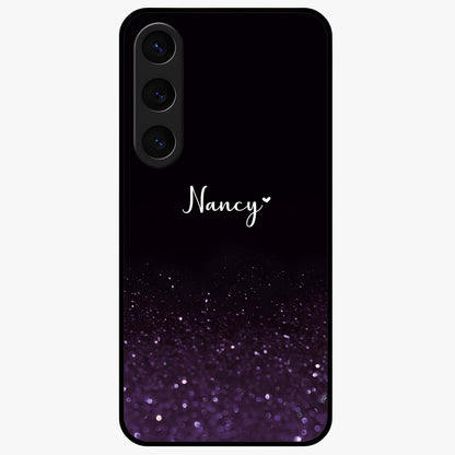 Glittery Purple Bokeh Custom Name Glass Case showing flat back view with purple bokeh sparkle artwork and personalized name design.