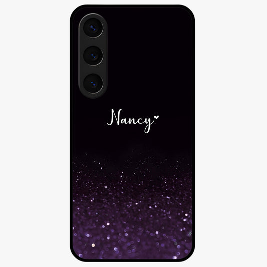 Glittery Purple Bokeh Custom Name Glass Case showing flat back view with purple bokeh sparkle artwork and personalized name design.
