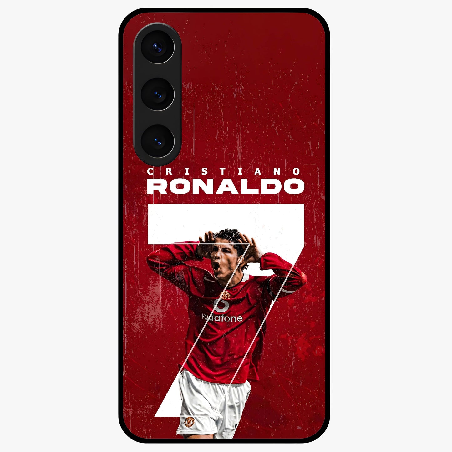 Goal Celebration Legacy Glass Case showing flat back view with football celebration inspired artwork and glossy glass finish.