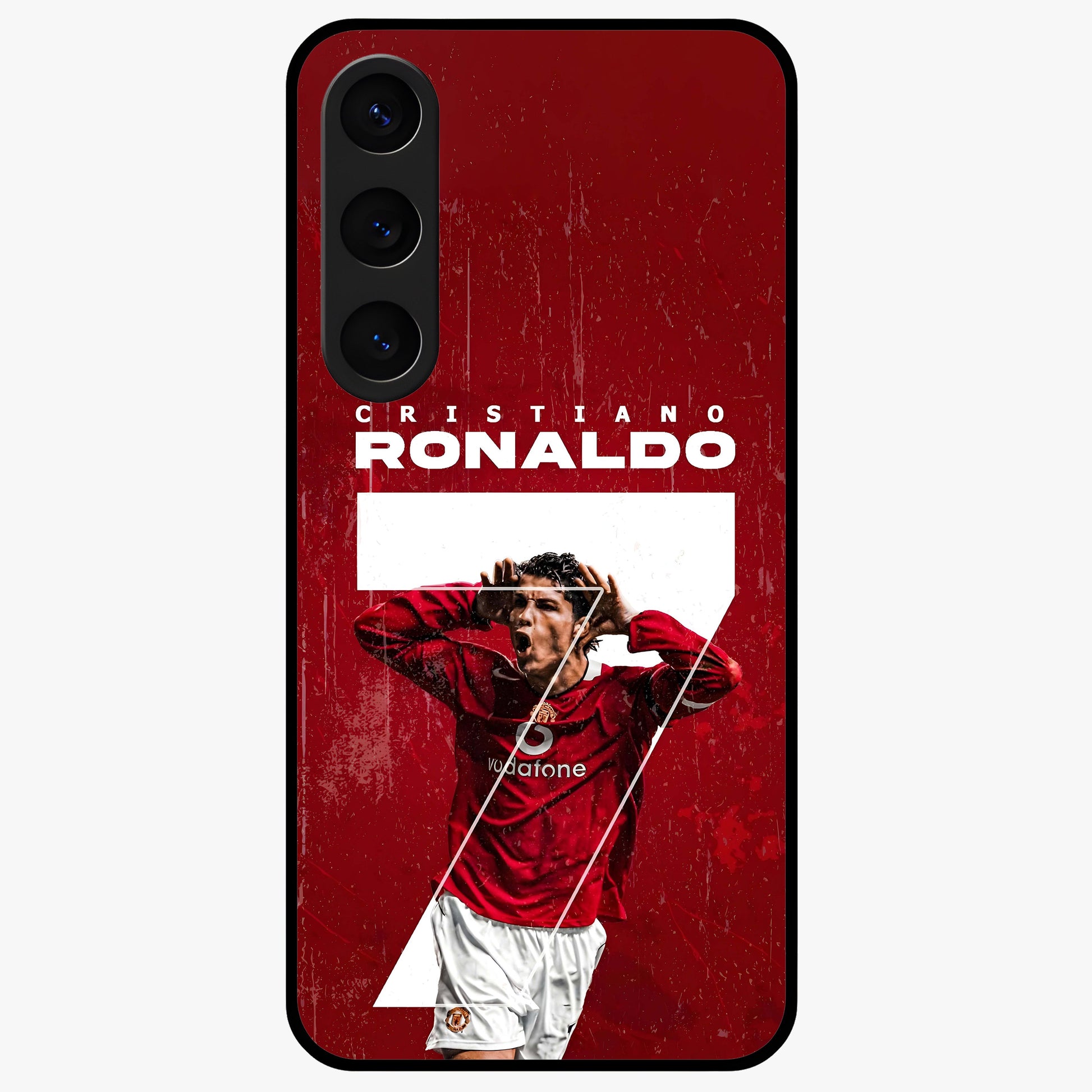 Goal Celebration Legacy Glass Case showing flat back view with football celebration inspired artwork and glossy glass finish.