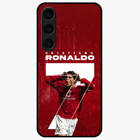 Goal Celebration Legacy Glass Case showing flat back view with football celebration inspired artwork and glossy glass finish.