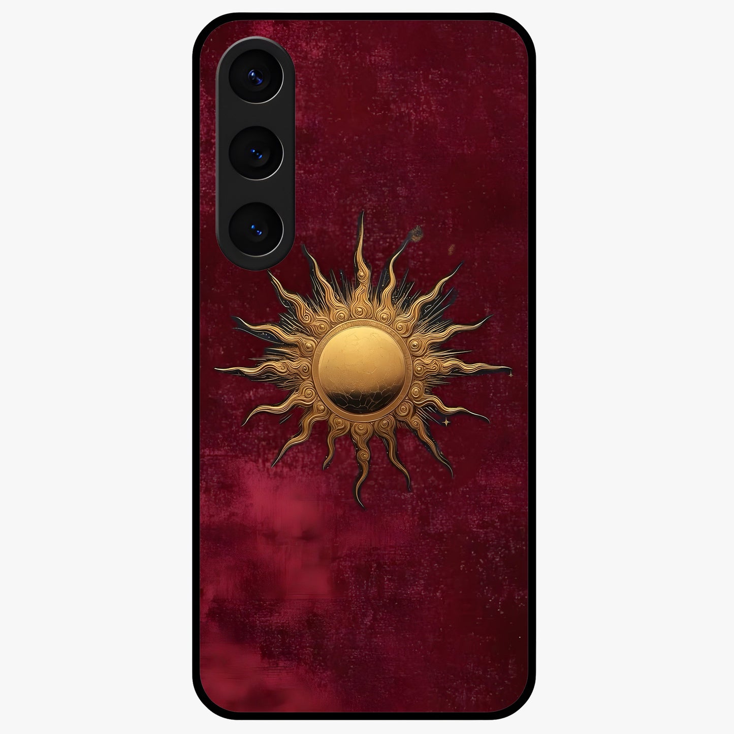 Gold Sun Blush Glass Case showing flat back view with golden sun inspired artwork and glossy glass finish.