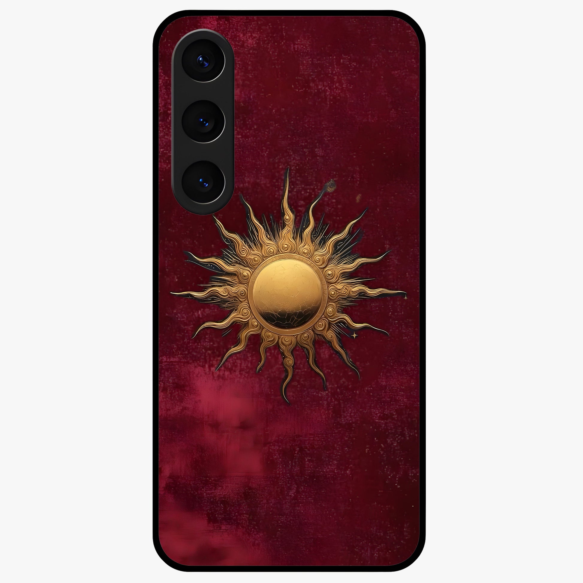 Gold Sun Blush Glass Case showing flat back view with golden sun inspired artwork and glossy glass finish.