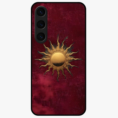 Gold Sun Blush Glass Case showing flat back view with golden sun inspired artwork and glossy glass finish.