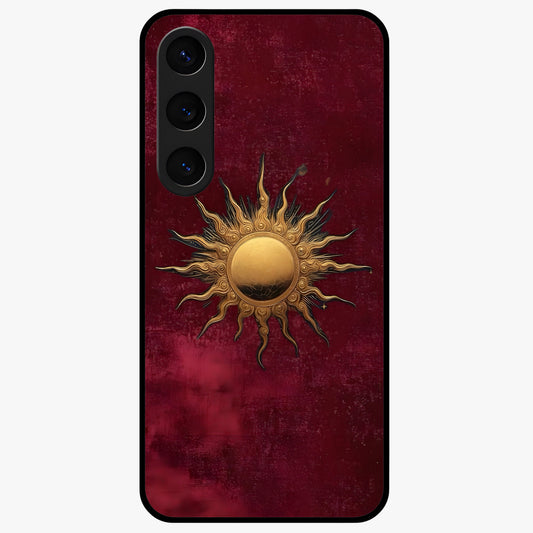 Gold Sun Blush Glass Case showing flat back view with golden sun inspired artwork and glossy glass finish.