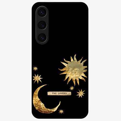 Golden Celestial Charm Glass Case showing flat back view with golden celestial charm artwork and glossy glass finish.