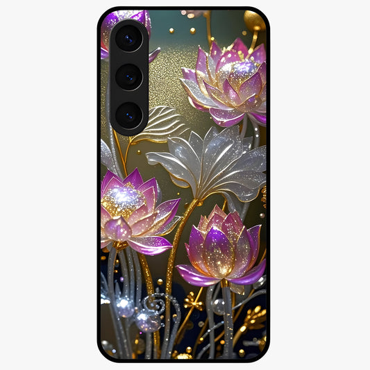 Golden Lotus Glow Glass Case showing flat back view with glowing lotus flower artwork and glossy glass finish.