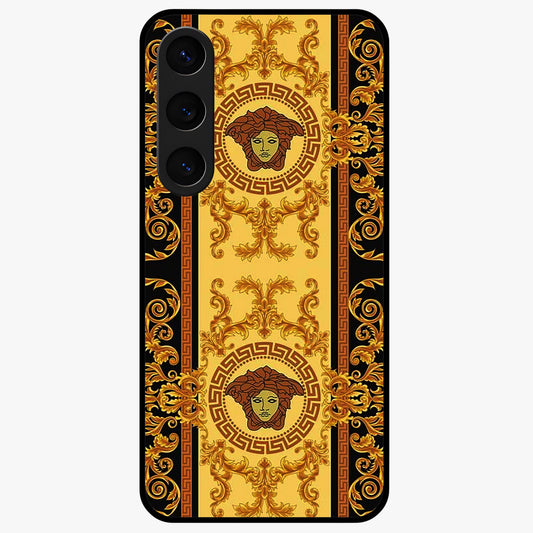 Golden Royal Heritage Glass Case showing flat back view with ornate royal pattern artwork and glossy glass finish.