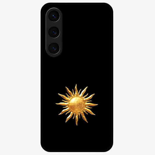 Golden Sun Minimalism Glass Case showing flat back view with minimal golden sun artwork and glossy glass finish.