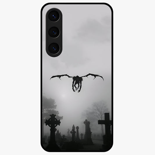 Graveyard Shadow Descent Glass Case showing flat back view with dark graveyard themed artwork and glossy glass finish.