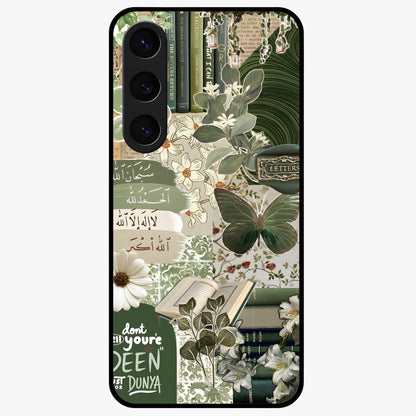 Green Islamic Books Quotes Glass Case showing flat back view with Islamic quotes and book themed artwork and glossy glass finish.