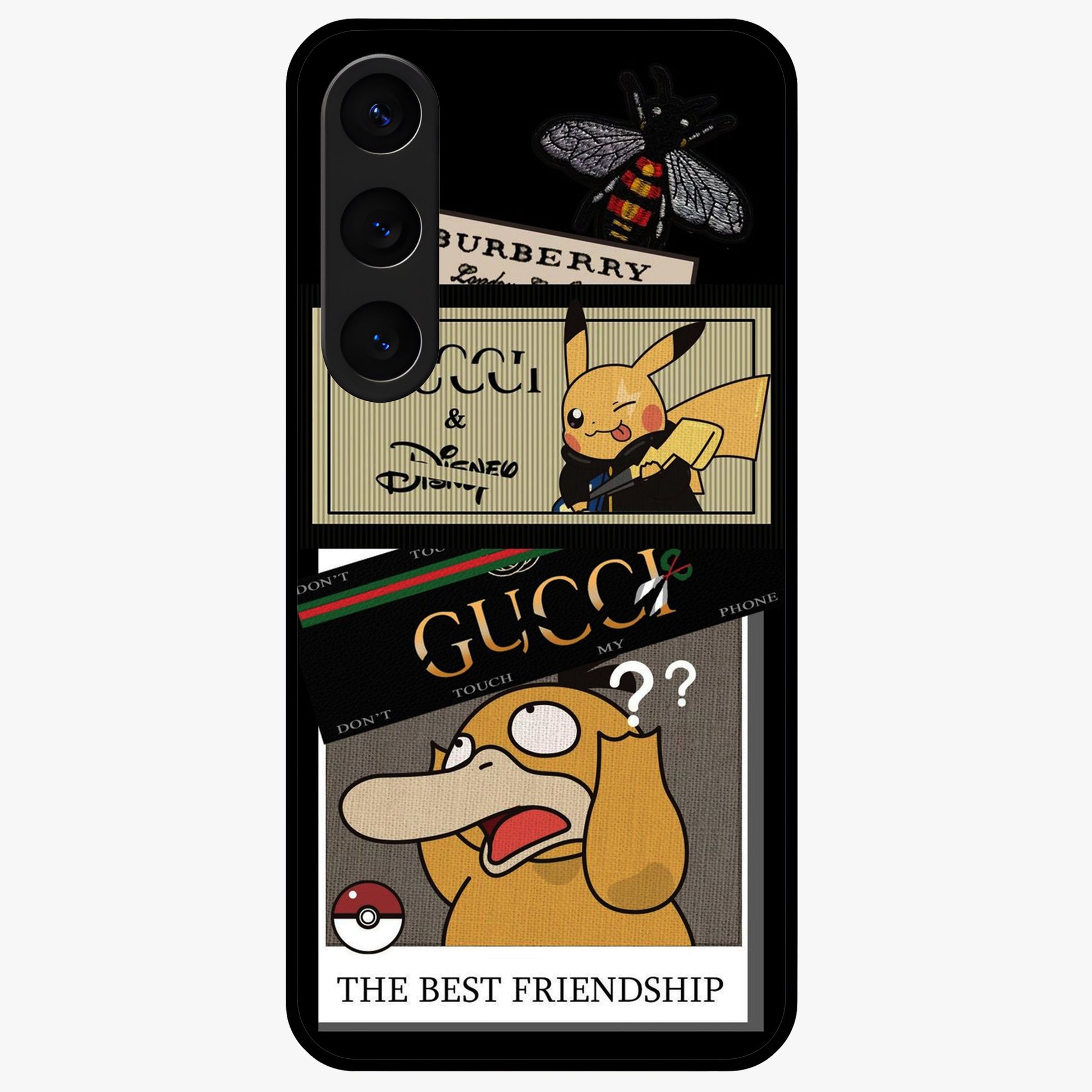 Gucci Play Mashup Glass Case showing flat back view with luxury inspired graphic artwork and glossy glass finish.