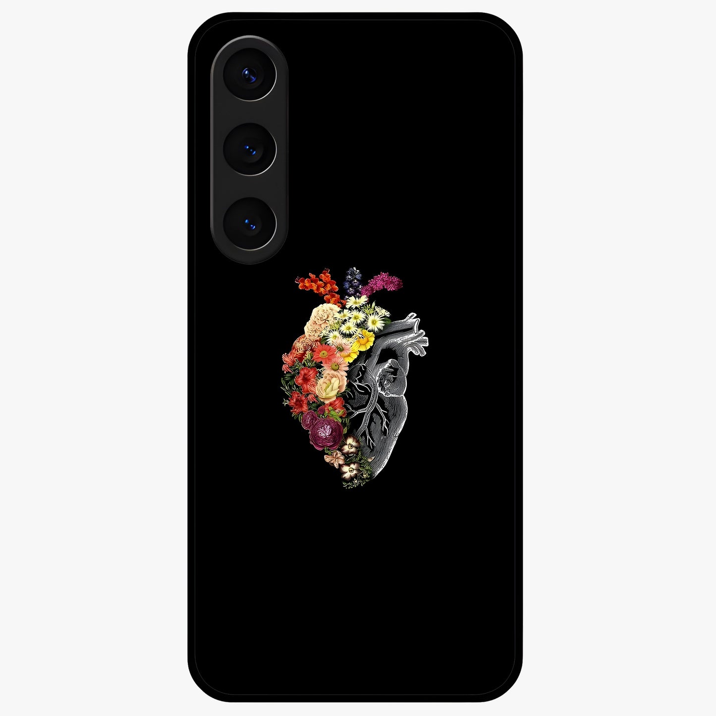 Heart With Flowers Glass Case showing flat back view with heart shaped floral artwork and glossy glass finish.