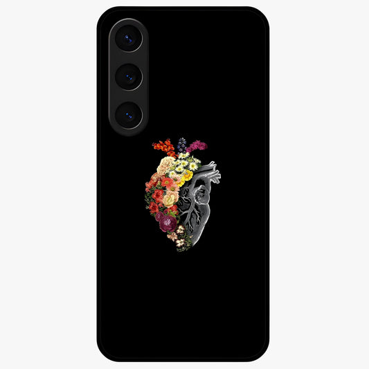 Heart With Flowers Glass Case showing flat back view with heart shaped floral artwork and glossy glass finish.