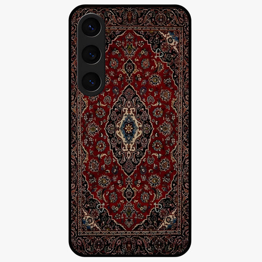 Heritage Carpet Royale Glass Case showing flat back view with ornate Persian carpet inspired pattern and glossy glass finish.