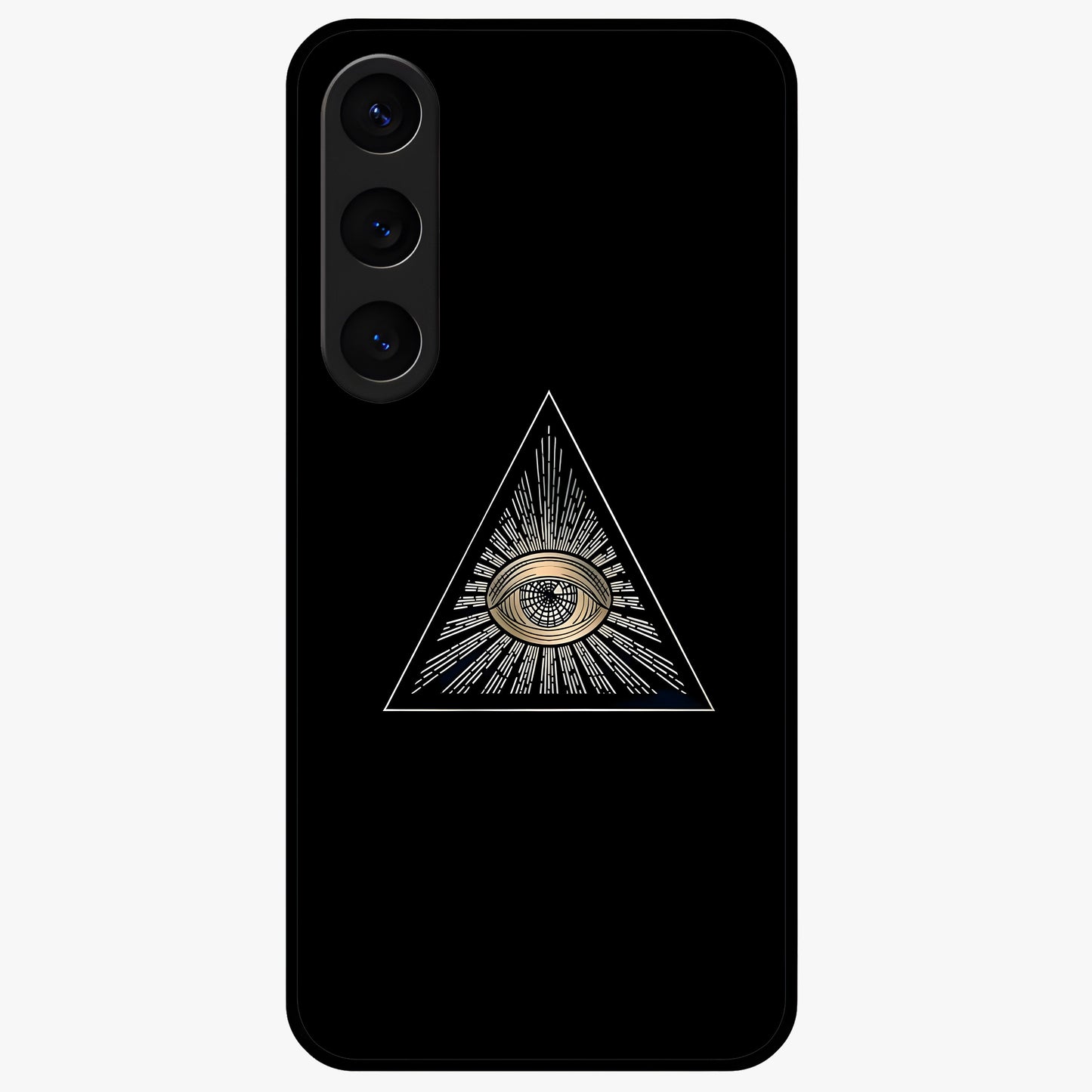 Illuminati Evil Glass Case showing flat back view with mysterious illuminati symbol artwork and glossy glass finish.