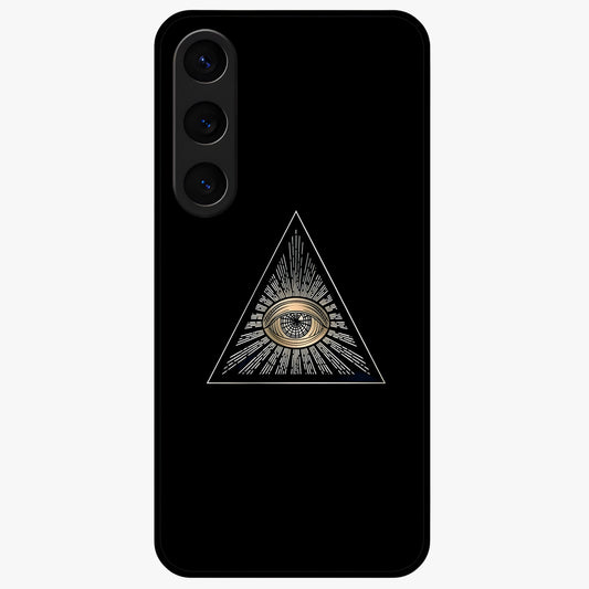 Illuminati Evil Glass Case showing flat back view with mysterious illuminati symbol artwork and glossy glass finish.