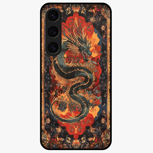 Inferno Dragon Soul Glass Case showing flat back view with fiery dragon artwork and glossy glass finish.