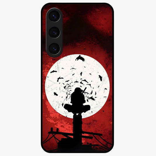 Itachi Sharingan Glass Case showing flat back view with powerful anime eye artwork and glossy glass finish.