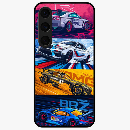 JDM Sports Car Glass Case showing flat back view with high performance sports car artwork and glossy glass finish.