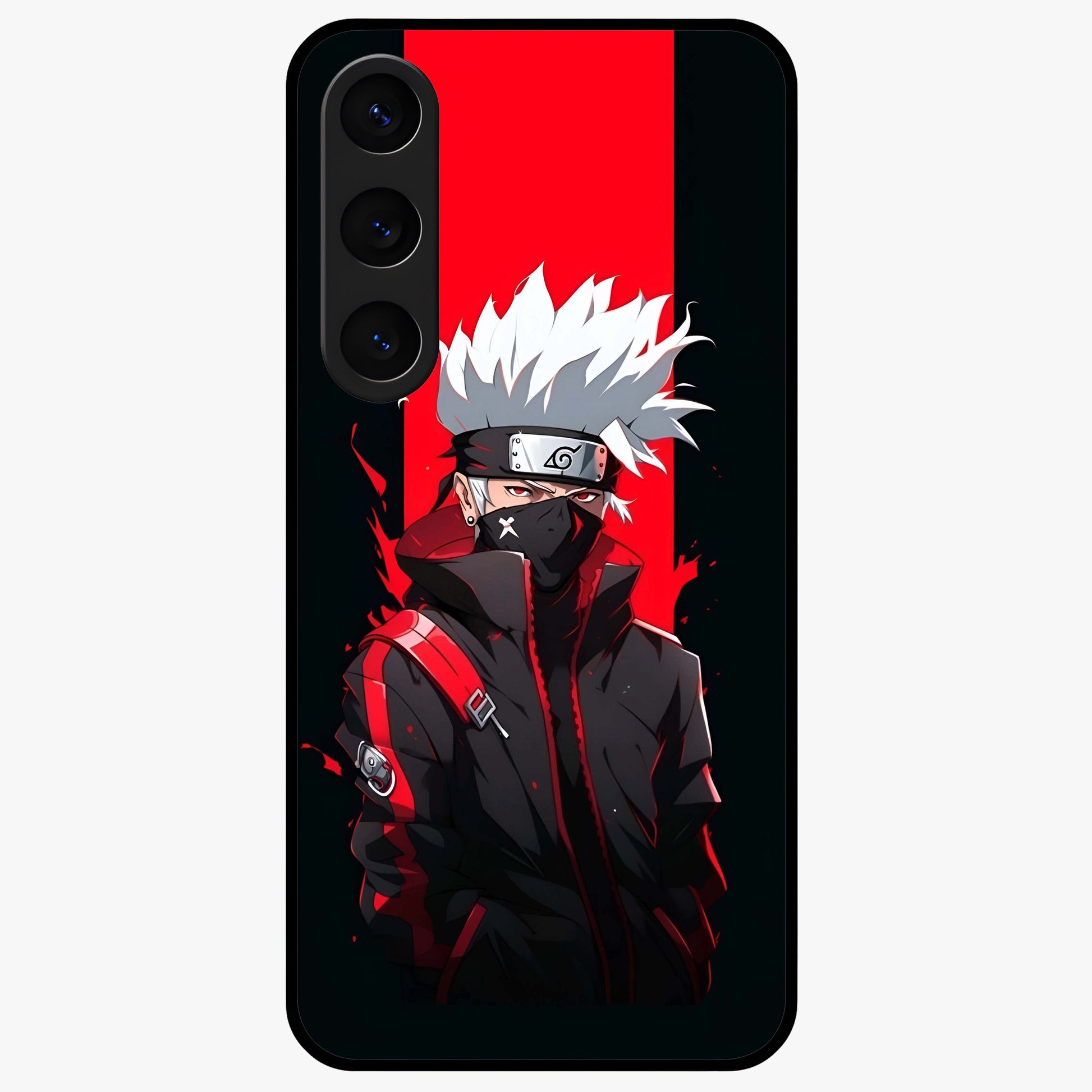 Kakashi Scarlet Shadow Glass Case showing flat back view with powerful anime ninja artwork and glossy glass finish.