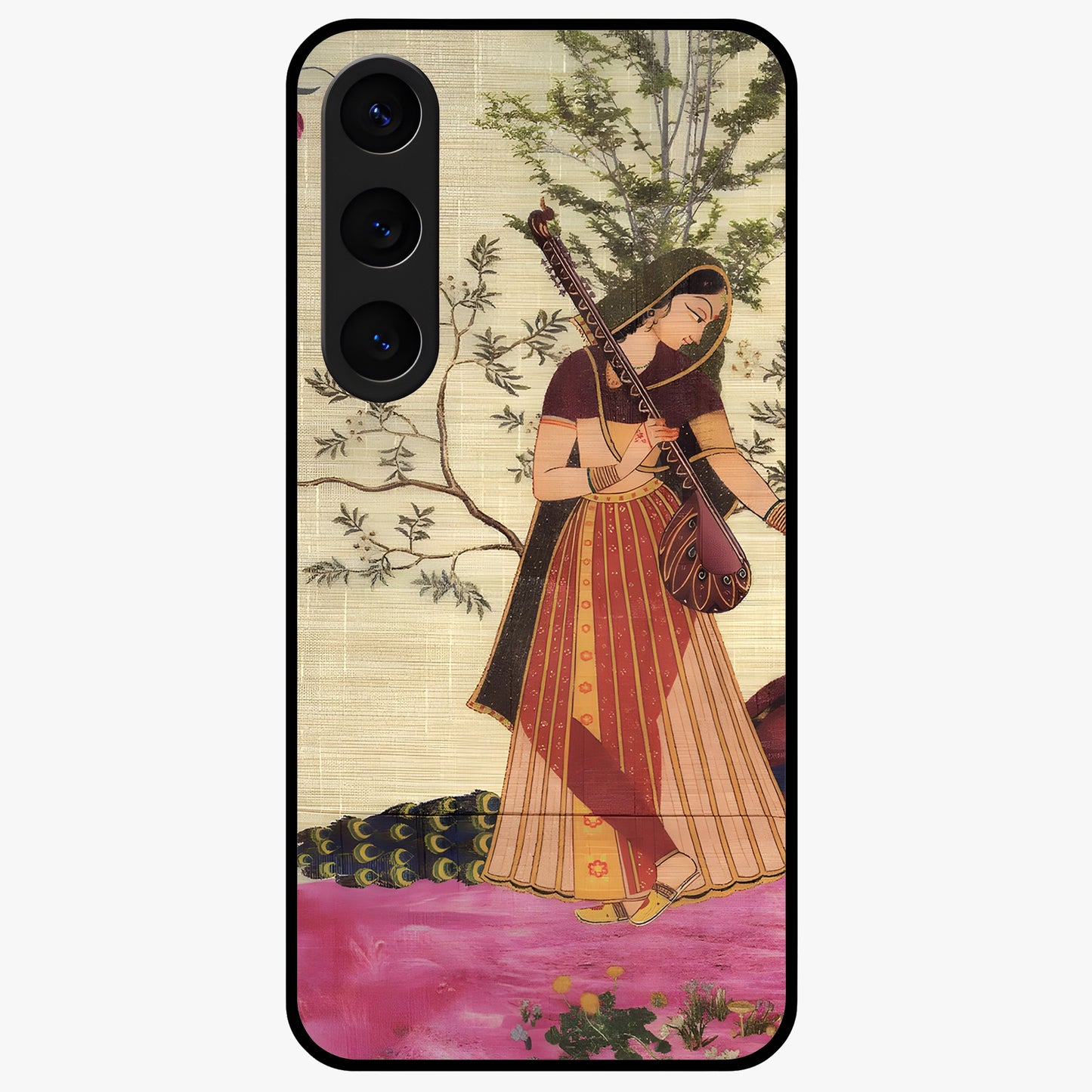 Lady With Veena Art Glass Case showing flat back view with elegant woman playing veena artwork and glossy glass finish.