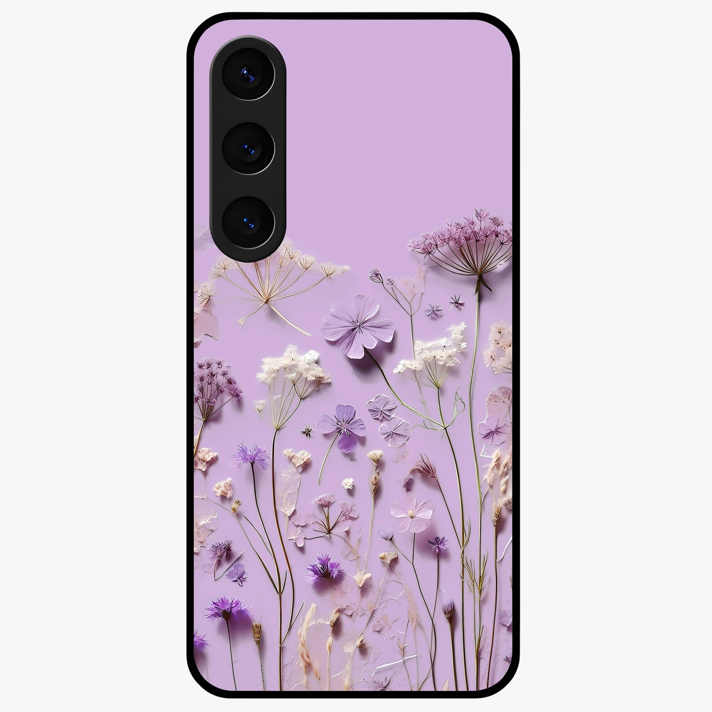 Lavender Blossom Dream Glass Case showing flat back view with soft lavender floral artwork and glossy glass finish.