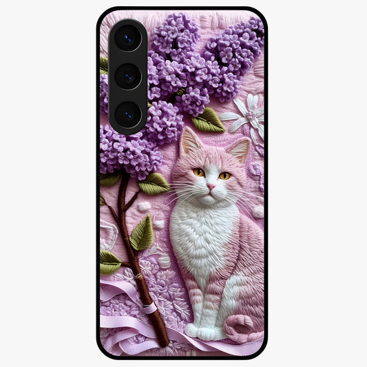 Lavender Cat Whimsy Glass Case showing flat back view with cute lavender cat artwork and glossy glass finish.