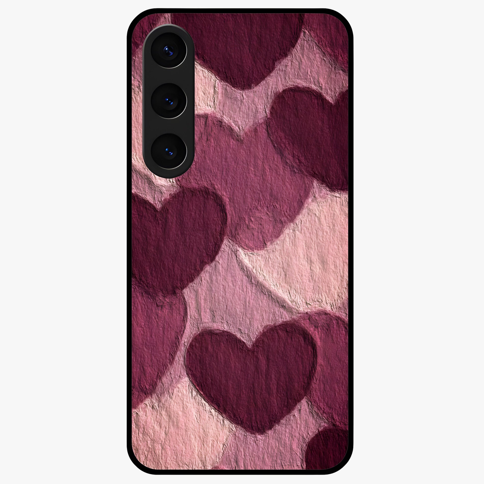 Layered Paper Hearts Glass Case showing flat back view with layered paper heart artwork and glossy glass finish.