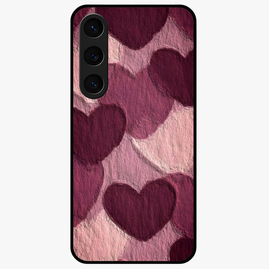 Layered Paper Hearts Glass Case showing flat back view with layered paper heart artwork and glossy glass finish.