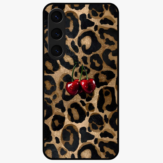 Leopard Wild Cherry Glass Case showing flat back view with leopard pattern and cherry artwork and glossy glass finish.
