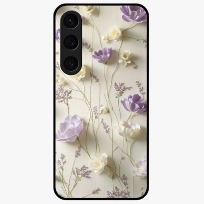 Lilac Breeze Harmony Glass Case showing flat back view with soft lilac themed artwork and glossy glass finish.