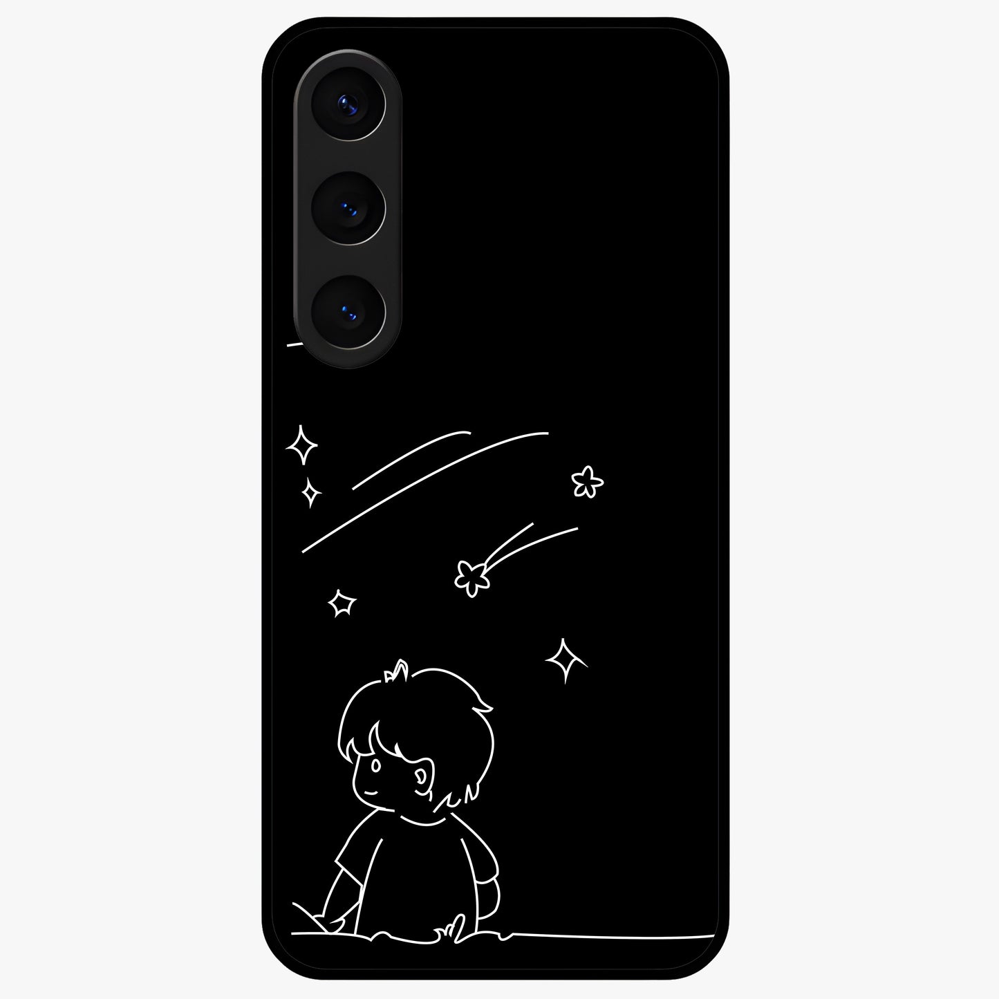 Line Art Boy With Shooting Stars Glass Case showing flat back view with minimal line art boy and shooting stars illustration and glossy glass finish.