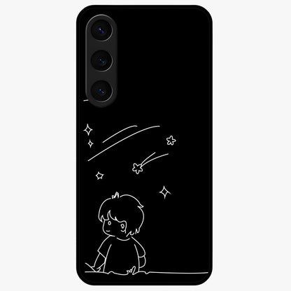 Line Art Boy With Shooting Stars Glass Case showing flat back view with minimal line art boy and shooting stars illustration and glossy glass finish.