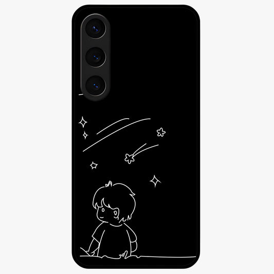 Line Art Boy With Shooting Stars Glass Case showing flat back view with minimal line art boy and shooting stars illustration and glossy glass finish.